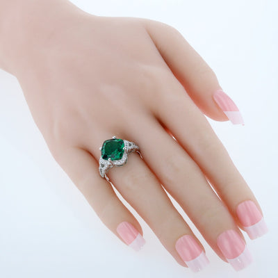 Cushion Cut Emerald Halo Ring Sterling Silver 7.50 Carats