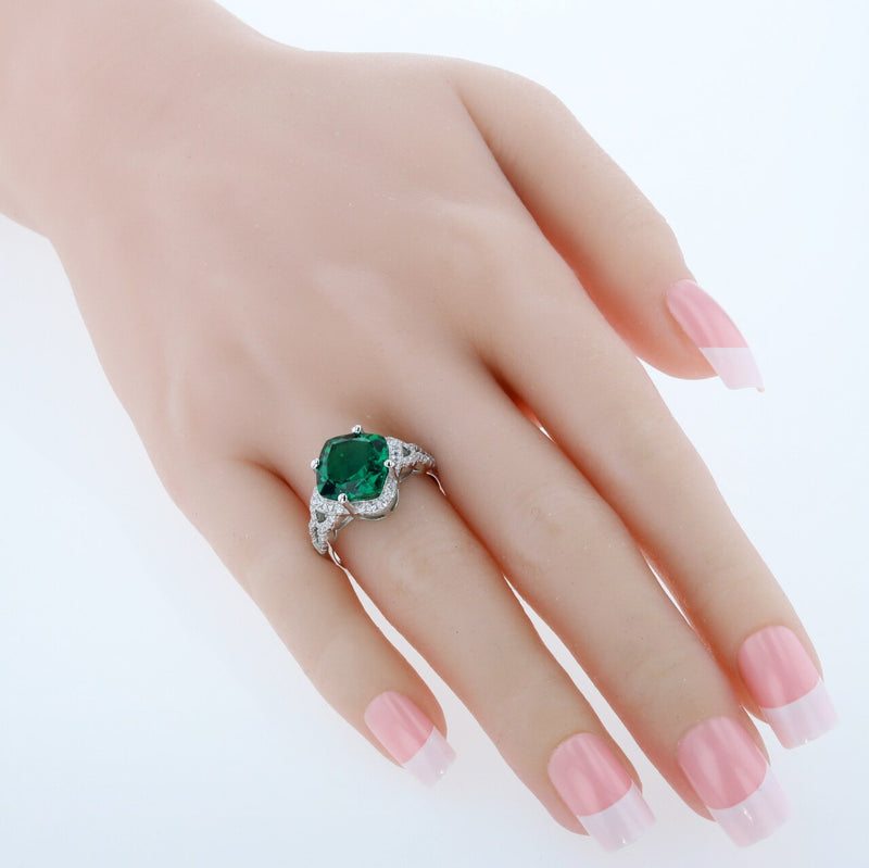 Cushion Cut Emerald Halo Ring Sterling Silver 7.50 Carats