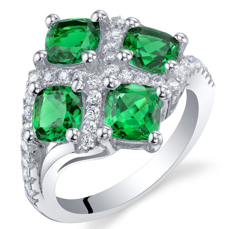 Cushion Cut Emerald Sterling Silver Quad Ring 2 Carats