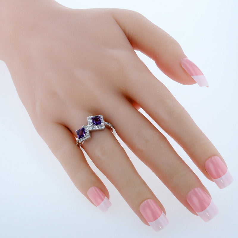 Princess Cut Amethyst Two-Stone Ring Sterling Silver 1 Carat