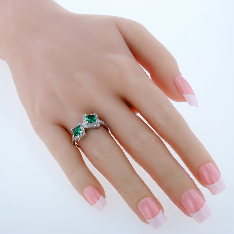 Princess Cut Emerald Two-Stone Ring Sterling Silver 1 Carat
