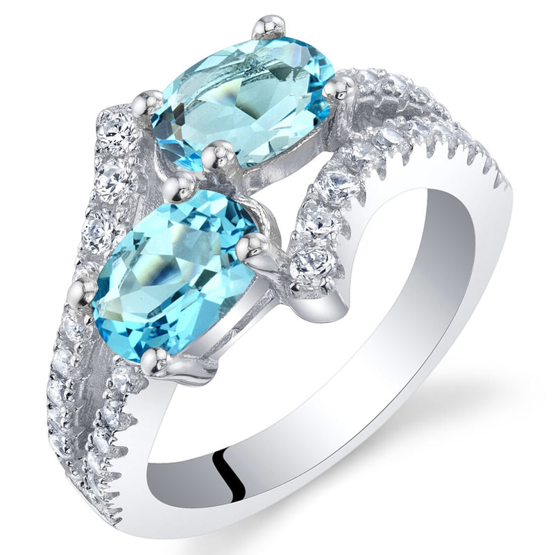 Two-Stone Swiss Blue Topaz Sterling Silver Ring 1.75 Carats Oval Shape