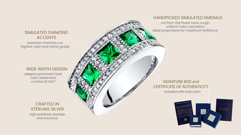 Sterling Silver Princess Cut Simulated Emerald Anniversary Ring Band Wide Width 2 Carats Sizes 5 To 9 Sr11922 infographic with additional information