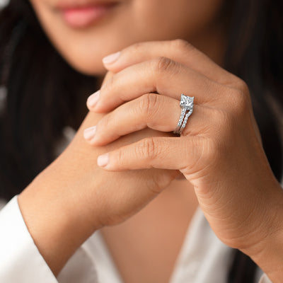 2 Carat Moissanite Princess Cut Engagement Ring and Wedding Band Bridal Set in Sterling Silver SR12048 - Model