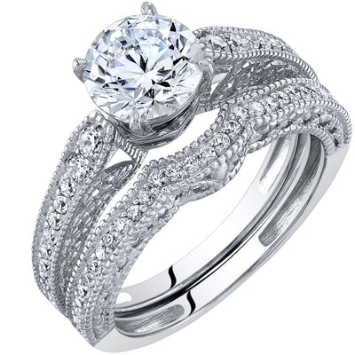 1.50 Carats Moissanite Filigree Engagement Ring and Wedding Band Bridal Set in Sterling Silver