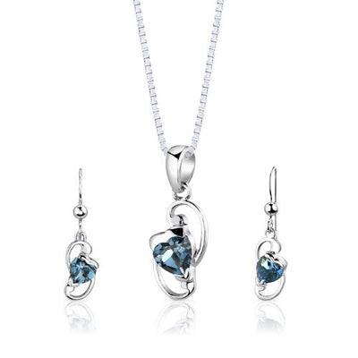 London Blue Topaz Pendant Earrings Set Sterling Silver Heart