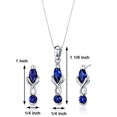 Blue Sapphire Pendant Earrings Set Sterling Silver marquise