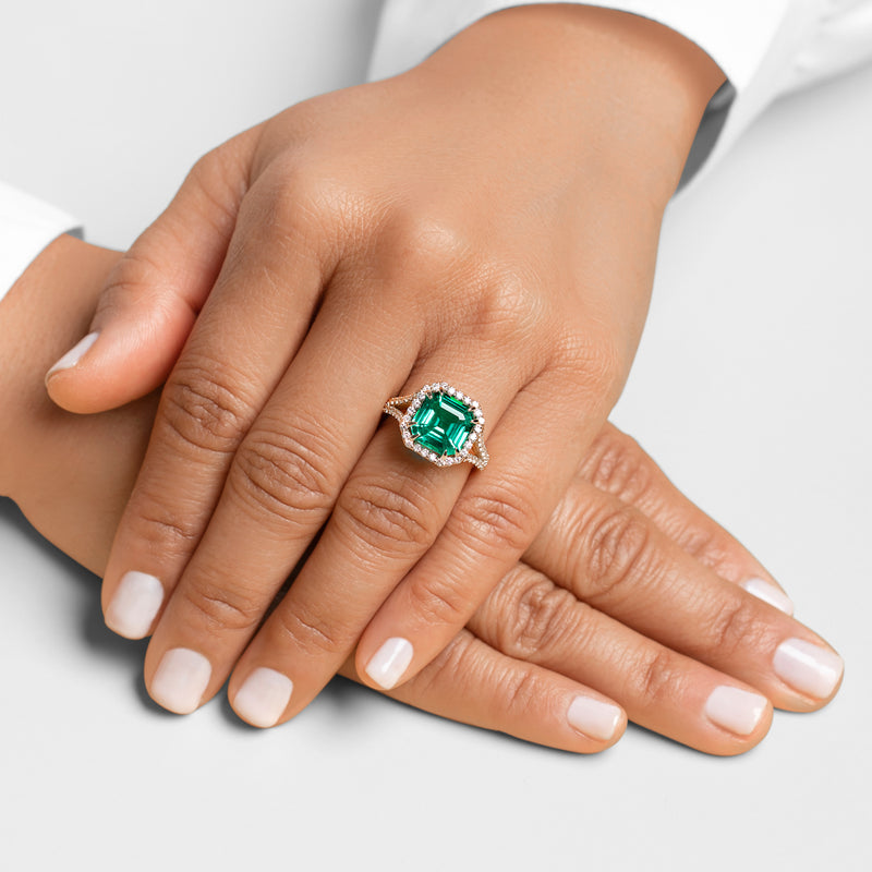 Peora Colombian Emerald Ring 4.65 Carats Asscher Cut 14K Yellow Gold with Diamonds