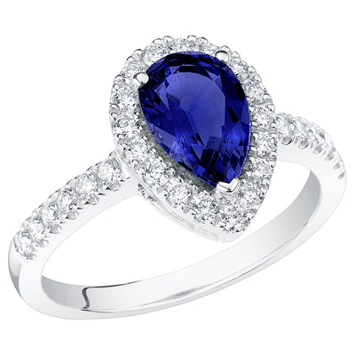Peora Blue Sapphire Pear Shape Halo Ring 14K White Gold 