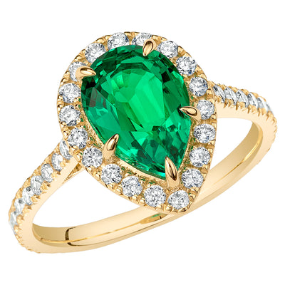 Peora Colombian Emerald Ring Pear Shape 14K Yellow Gold with Diamonds