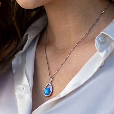 Created Blue Opal Nebula Pendant Necklace Sterling Silver 2.25 Carats