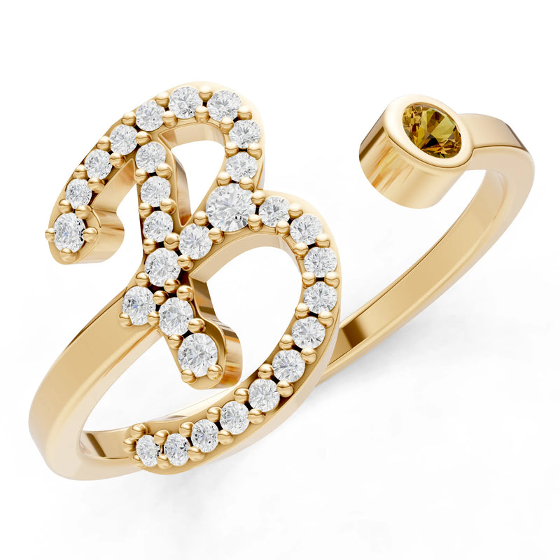 Dainty Initial Letter Birthstone Open Ring – B