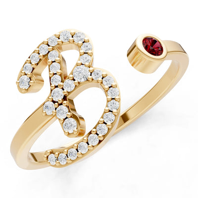 Dainty Initial Letter Birthstone Open Ring – B
