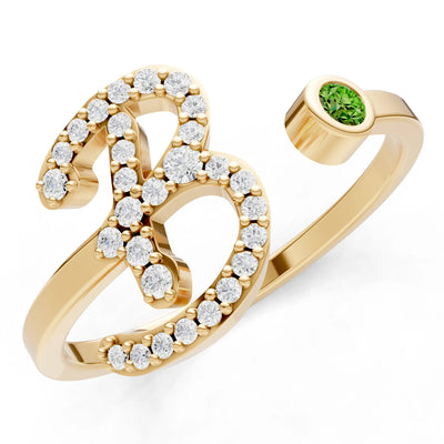 Dainty Initial Letter Birthstone Open Ring – B