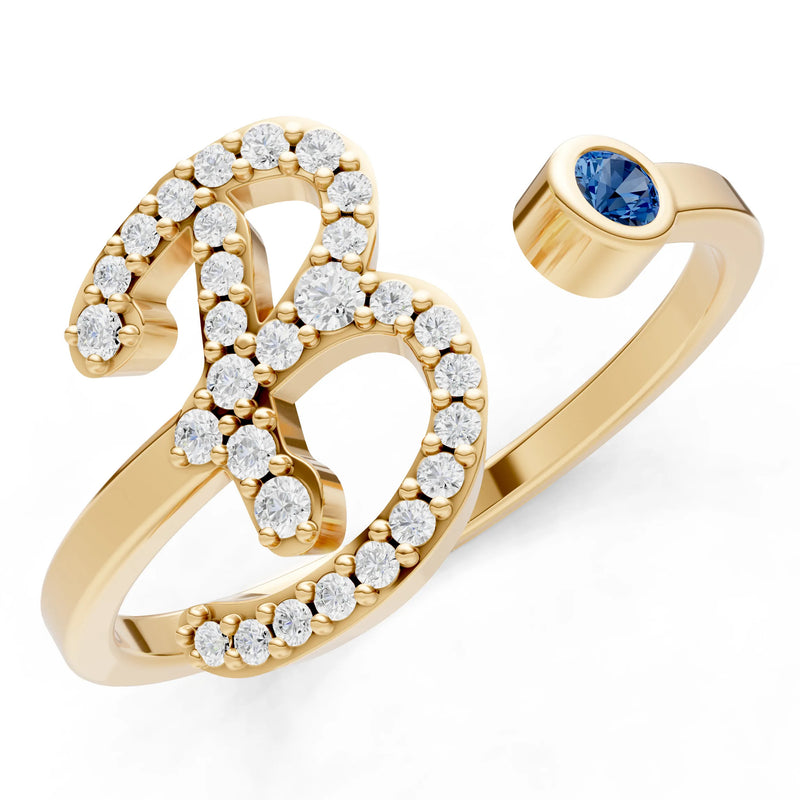 Dainty Initial Letter Birthstone Open Ring – B
