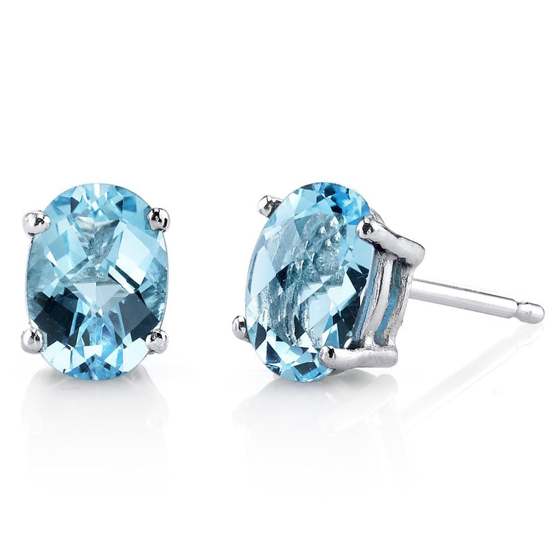 Swiss Blue Topaz Stud Earrings 14 Kt White Gold Oval 2 Carats