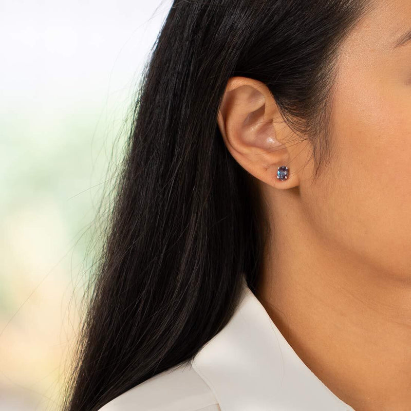 Alexandrite Stud Earrings 14 Kt White Gold Oval Shape 2 Carats