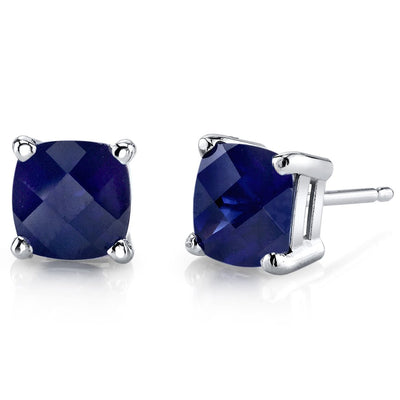 Blue Sapphire Stud Earrings 14 Karat White Gold Cushion Cut