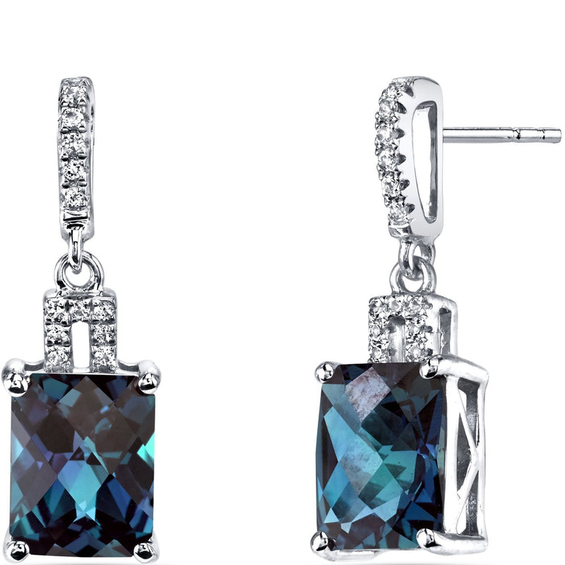 14K White Gold Created Emerald Earrings Radiant Checkerboard Cut 3.75 Carats