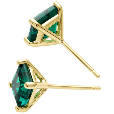 14K Yellow Gold Princess Cut 2.00 Carats Created Emerald Stud Earrings