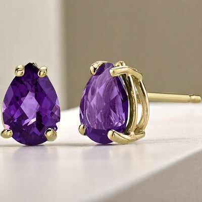 Pear Shape Amethyst Stud Earrings 14K Yellow Gold 1.15 Carats
