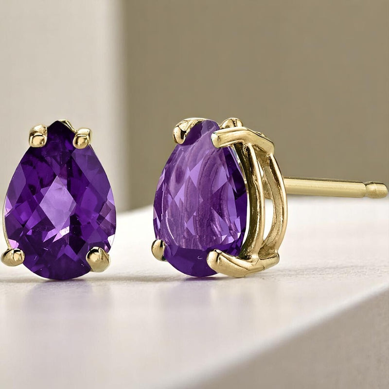 Pear Shape Amethyst Stud Earrings 14K Yellow Gold 1.15 Carats