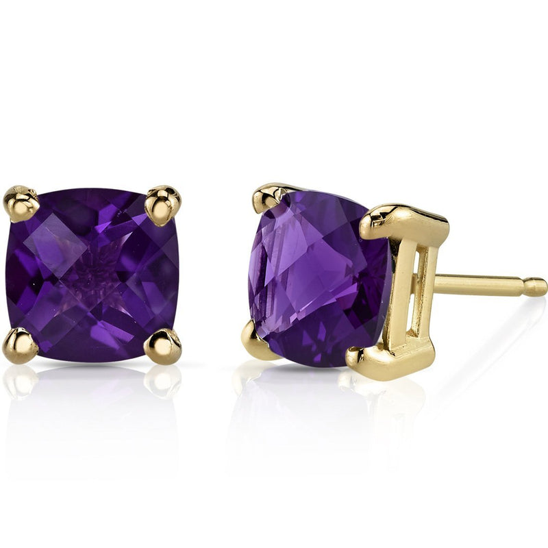 Birthstone Cushion Cut Solitaire Stud 14 Karat Gold Earrings