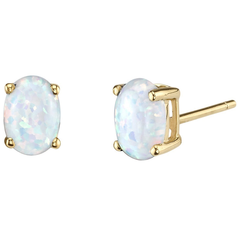 Opal Stud Earrings 14K Yellow Gold Oval Shape 1 Carat