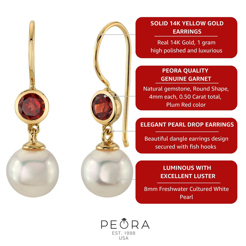 Freshwater Cultured 8mm White Pearl and Gemstone 14K Gold Earrings