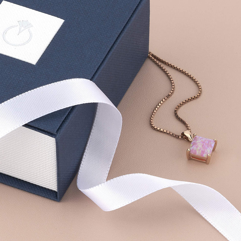 Princess Cut Pink Opal Pendant Necklace 14K Rose Gold 1 Carat
