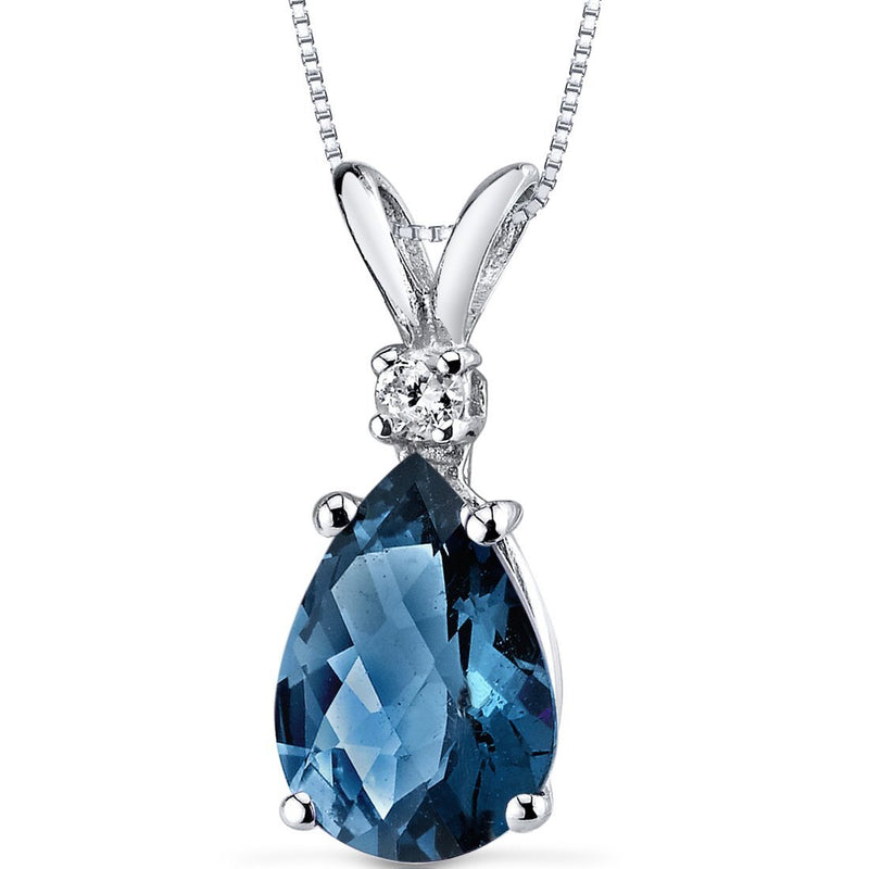 London Blue Topaz and Diamond Pendant Necklace 14K White Gold 1.99 Carats Pear Shape