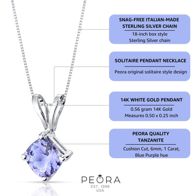 14 Karat White Gold Cushion Cut 1.00 Carats Tanzanite Pendant Necklace