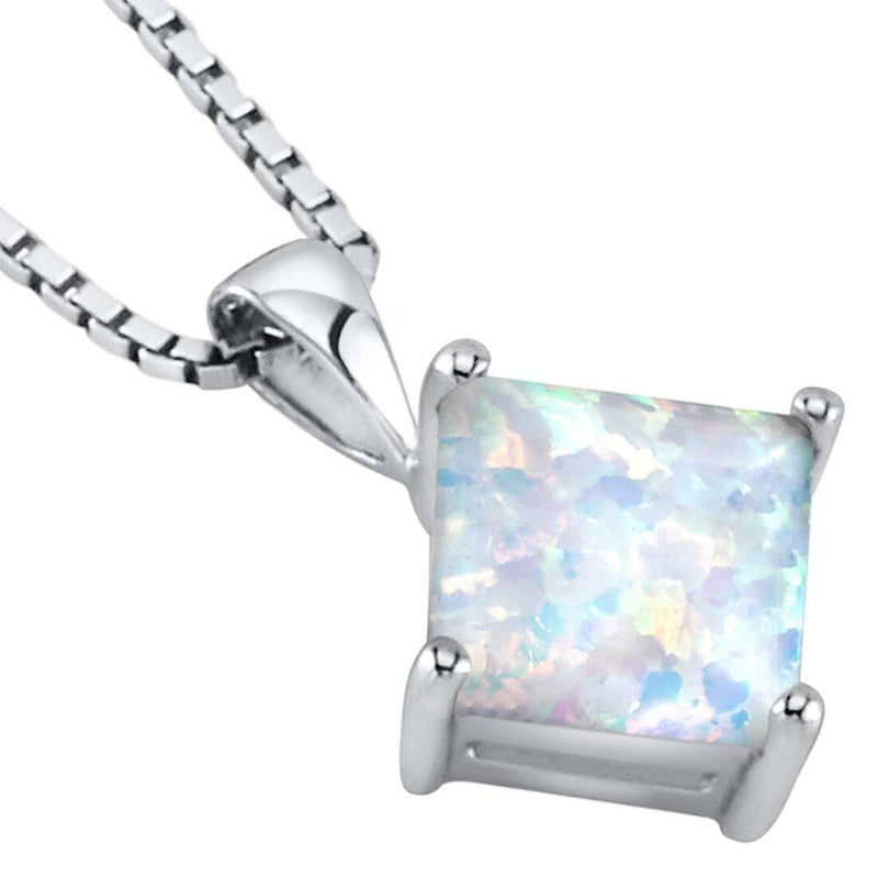 14K White Gold Created Opal Pendant Necklace Princess Cut