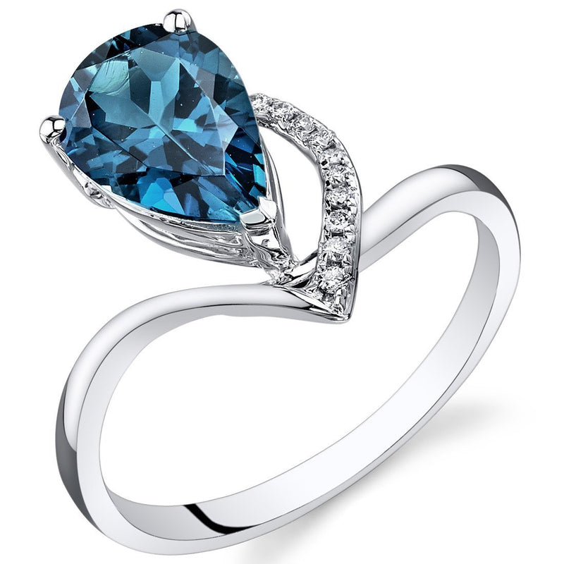 London Blue Topaz Ring 14 Karat White Gold Pear Shape 2.2 Carat, Size 7