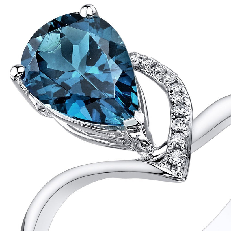 London Blue Topaz Ring 14 Karat White Gold Pear Shape 2.2 Carat, Size 7