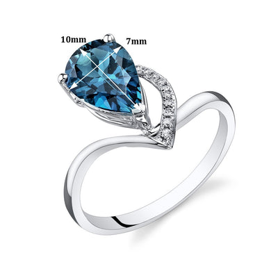 London Blue Topaz Ring 14 Karat White Gold Pear Shape 2.2 Carat, Size 7