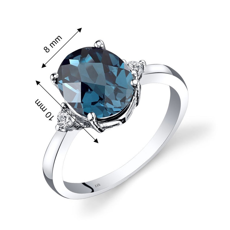 14K White Gold London Blue Topaz Diamond Ring 2.75 Carat Oval Cut, Size 7