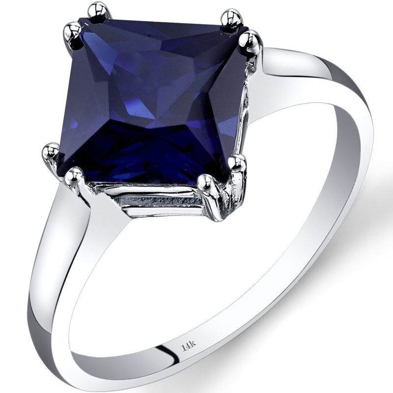 14K White Gold Created Emerald Solitaire Ring 2.00 Carats Princess Cut Sizes 5-9