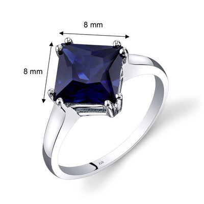 14K White Gold Created Blue Sapphire Solitaire Ring 3.25 Carat Princess Cut, Size 7
