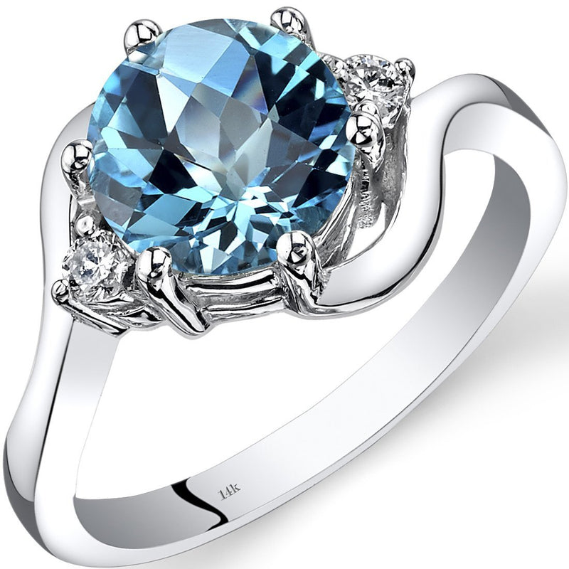 14K White Gold Swiss Blue Topaz Diamond 3 Stone Ring 2.25 Carat, Size 7