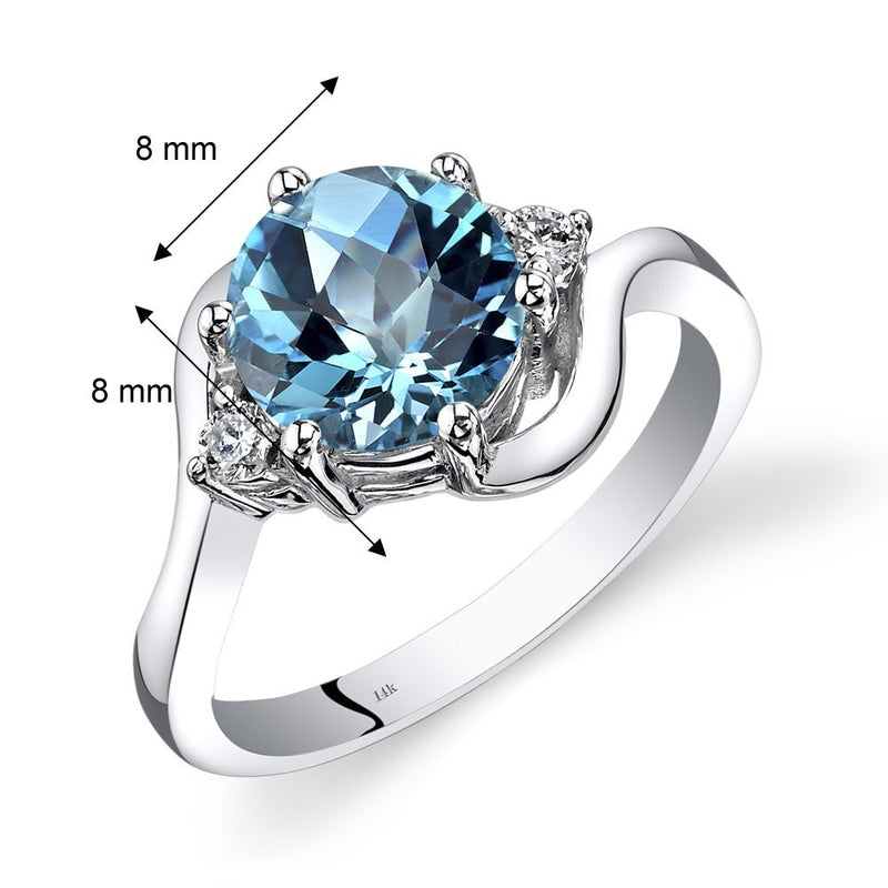 14K White Gold Swiss Blue Topaz Diamond 3 Stone Ring 2.25 Carat, Size 7