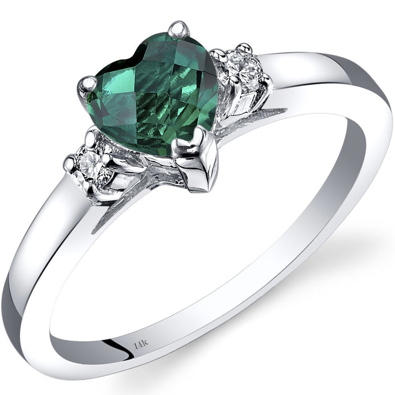 14K White Gold Created Emerald Diamond Heart Ring 0.75 Carat, Size 7