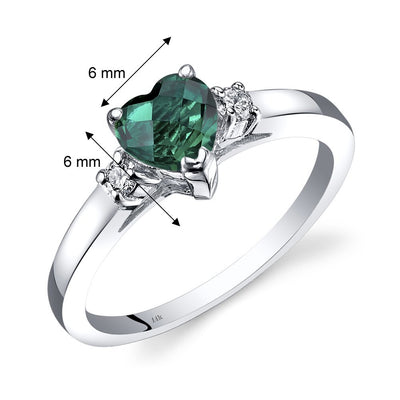 14K White Gold Created Emerald Diamond Heart Ring 0.75 Carat, Size 7
