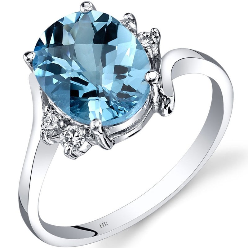 Swiss Blue Topaz and Diamond Bypass Ring 14K White Gold 2.75 Carats Oval Shape, Size 7
