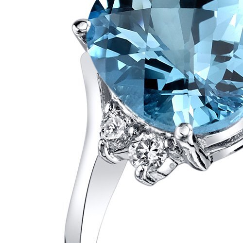 Swiss Blue Topaz and Diamond Bypass Ring 14K White Gold 2.75 Carats Oval Shape, Size 7