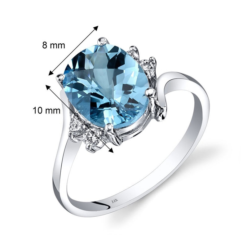 Swiss Blue Topaz and Diamond Bypass Ring 14K White Gold 2.75 Carats Oval Shape, Size 7