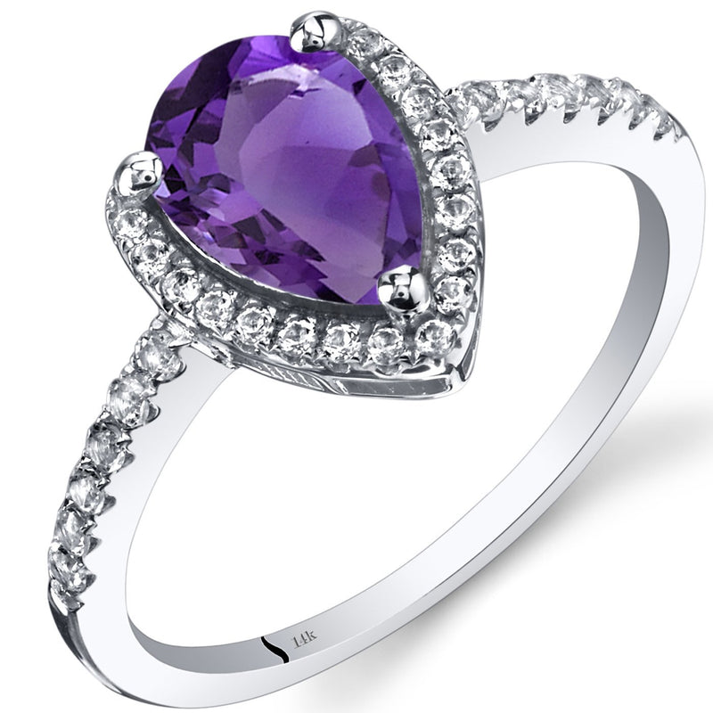 14K White Gold Amethyst Open Halo Ring Pear Shape 1.00 Carats, Size 7