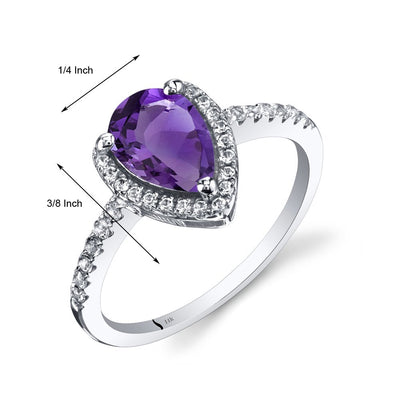 14K White Gold Amethyst Open Halo Ring Pear Shape 1.00 Carats, Size 7