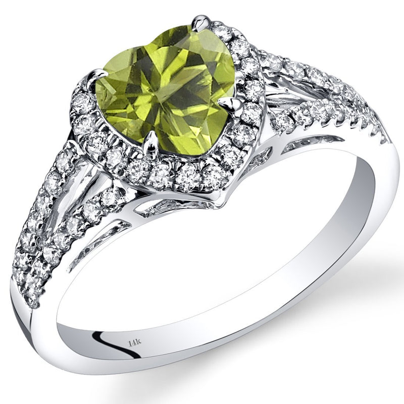 14K White Gold Peridot Diamond Halo Ring Heart Shape 1.65 Carats Total, Size 7