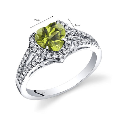 14K White Gold Peridot Diamond Halo Ring Heart Shape 1.65 Carats Total, Size 7